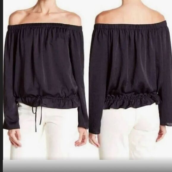 Theory Odettah Navy Ribbed Soft Seersucker‎ Off The Shoulder Top Size Small - Picture 2 of 8